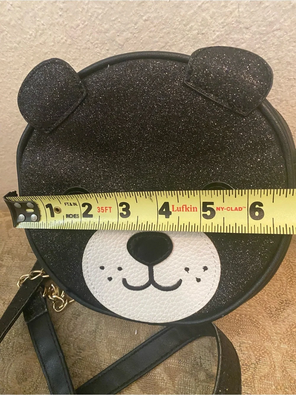 Olivia Miller Black Glitter Bear Crossbody Bag with White Snout NWT